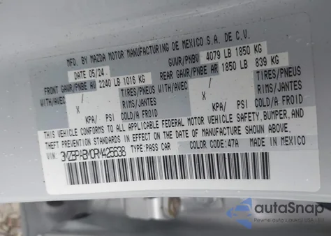 2024 Mazda Mazda3 2.5 S Select Sport из США, поврежденный, VIN 3MZBPABM0RM425638